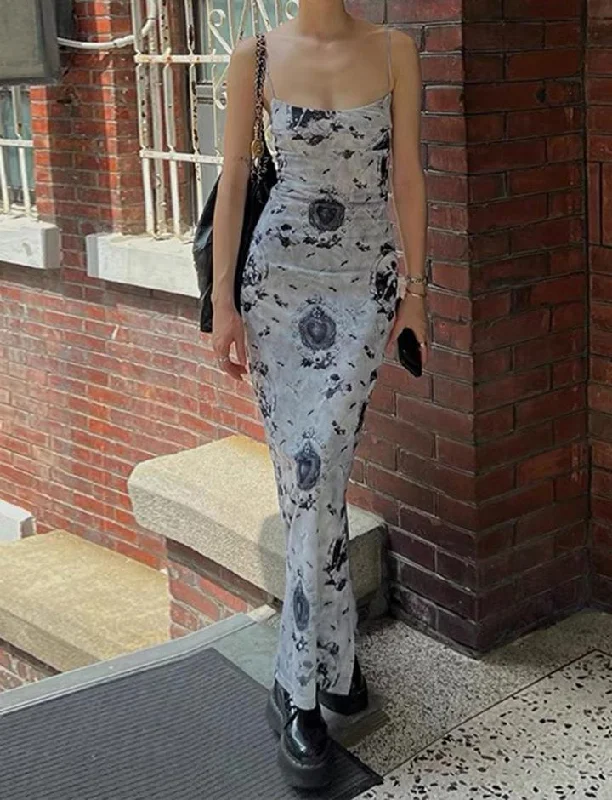 Vintage Flower Print Slim Maxi Dress Comfortable Maxi Dress with Slits