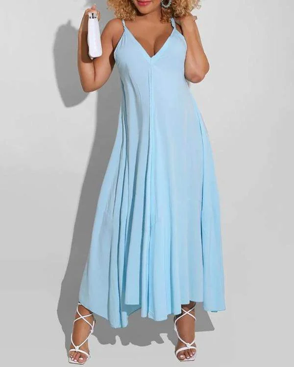 VNeck Backless Ruched Spaghetti Strap Maxi Dress Cozy Open-Back Maxi Dress