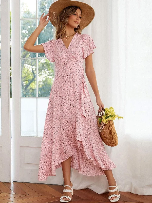 VNECK MAXI DRESS SHORT SLEEVES POLYESTER CASUAL PRINTED ASYMMETRICAL LONG DRESS Cozy Maxi Dress with Slit VNECK MAXI DRESS SHORT SLEEVES POLYESTER CASUAL PRINTED ASYMMETRICAL LONG DRESS Cozy Maxi Dress with Slit