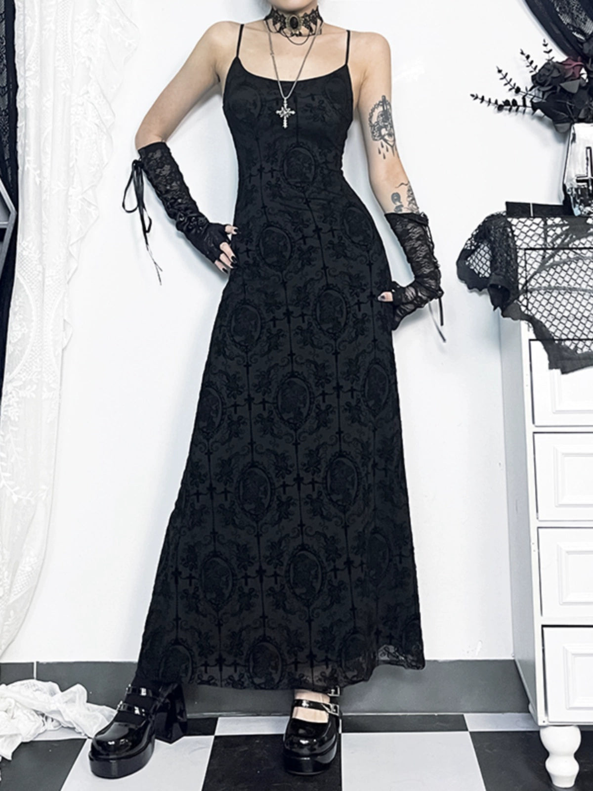 Wannathis Gothic Velvet Maxi Dress - Black Spaghetti Strap Burnout Gown With Lace-Up Arm Warmers Cozy Open-Back Maxi Dress Wannathis Gothic Velvet Maxi Dress - Black Spaghetti Strap Burnout Gown With Lace-Up Arm Warmers Cozy Open-Back Maxi Dress
