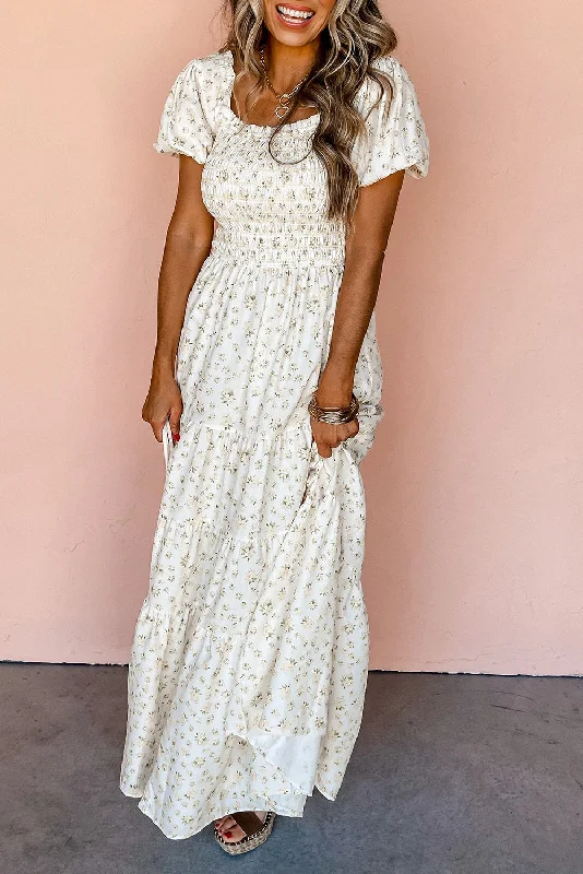 White Frilly Shirred Bodice Tiered Floral Maxi Dress Trendy Floral Print Maxi Dress