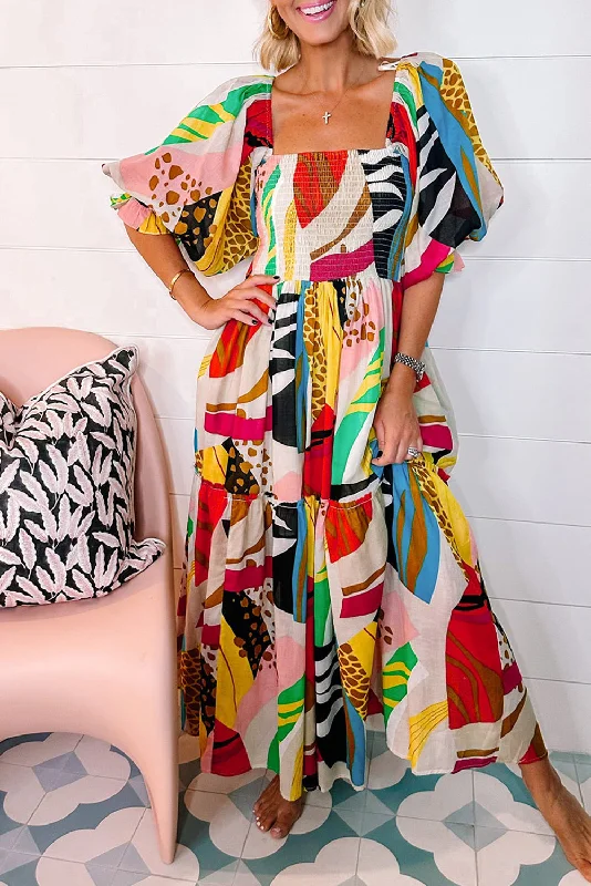 White Square Neck Smocked Abstract Print Boho Maxi Dress Stylish Empire Waist Maxi Dress White Square Neck Smocked Abstract Print Boho Maxi Dress Stylish Empire Waist Maxi Dress