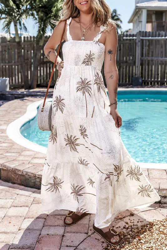 White Tropical Print Smocked Ruffled Straps Maxi Dress Elegant Maxi Dress with Drapes White Tropical Print Smocked Ruffled Straps Maxi Dress Elegant Maxi Dress with Drapes
