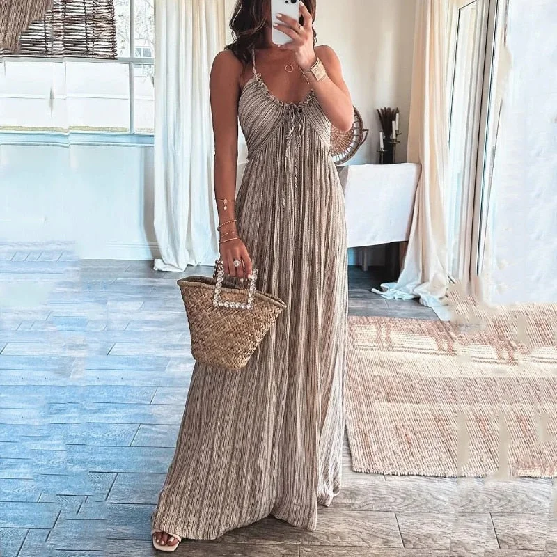 Women Maxi Dress Summer Casual Printed Halter Sleeveless V Neck Lace Up Backless Beach Loose Dresses High Streetwear Casual Maxi Dress with Pockets