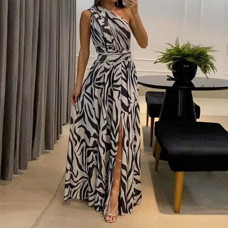 Women Maxi Dress Summer Fashion One Shoulder Sleeveless Slit Backless Nipped Waist Long Skirt Party Evening Dresses Cozy Ribbed Maxi Dress Women Maxi Dress Summer Fashion One Shoulder Sleeveless Slit Backless Nipped Waist Long Skirt Party Evening Dresses Cozy Ribbed Maxi Dress