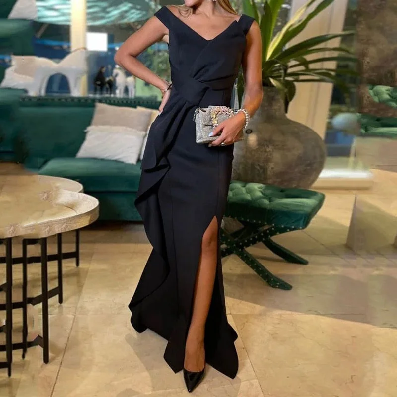Women Maxi Dress Trendy Solid V Neck Sleeveless Ruffled Irregular Design Slit Slim Party Evening Dresses Streetwear Stylish Maxi Dress with Pleats
