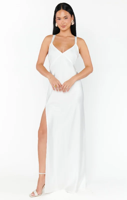 Anderson Maxi Dress ~ Ivory Luxe Satin Fashionable High-Low Maxi Dress