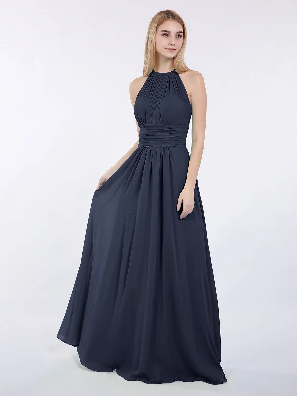 Halter Chiffon Maxi Dress of Bridesmaid Dark Navy Fashionable Open-Back Maxi Dress