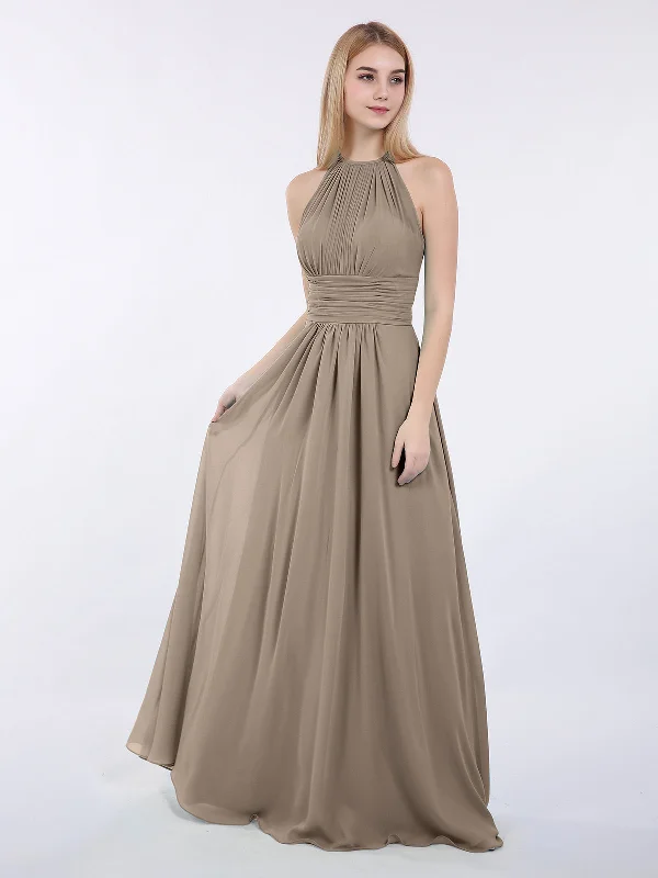 Halter Chiffon Maxi Dress of Bridesmaid Taupe Fashionable Halter Neck Maxi Dress