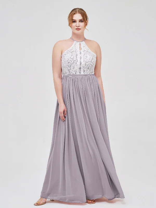 Halter Maxi Dress with Ivory Lace Bodice-Dusk Plus Size Elegant Silk Maxi Dress