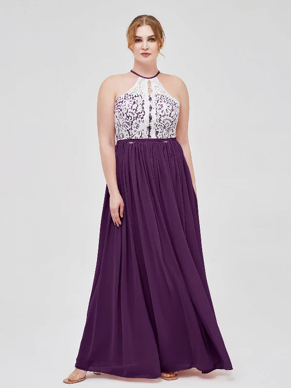 Halter Maxi Dress with Ivory Lace Bodice-Grape Stylish Maxi Dress with Frills