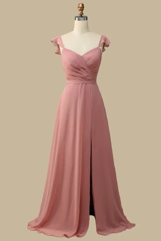 Dusty Rose Surplice Neck A-Line Chiffon Maxi Dress Comfortable Bohemian Maxi Dress