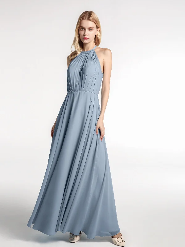 Halter Neck Chiffon Maxi Dress with Circle Skirt-Dusty Blue Fashionable Chiffon Tiered Maxi Dress Halter Neck Chiffon Maxi Dress with Circle Skirt-Dusty Blue Fashionable Chiffon Tiered Maxi Dress