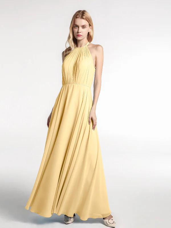 Halter Neck Chiffon Maxi Dress with Circle Skirt-Gold Comfortable Cotton Maxi Dress