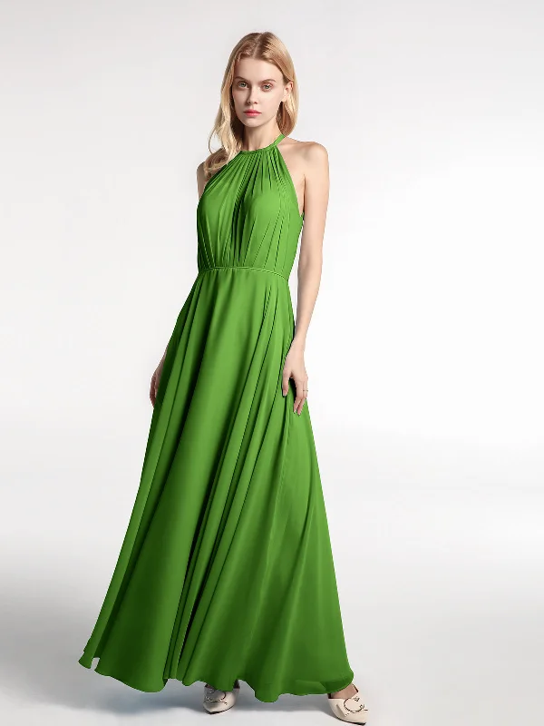 Halter Neck Chiffon Maxi Dress with Circle Skirt-Moss Trendy Printed Maxi Dress