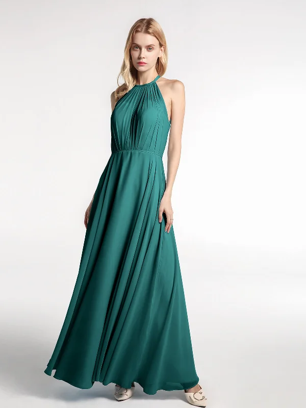 Halter Neck Chiffon Maxi Dress with Circle Skirt-Peacock Elegant Maxi Dress with Lace