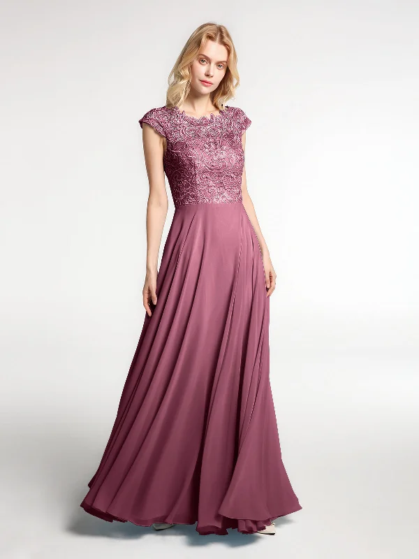 Illusion Wrap Neck Lace and Chiffon Maxi Dress-Mulberry Elegant Maxi Dress with Ruffles