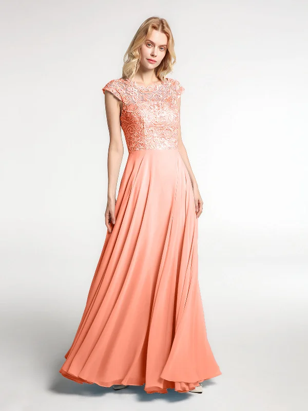 Illusion Wrap Neck Lace and Chiffon Maxi Dress-Sunset Comfortable Long-Sleeve Maxi Dress