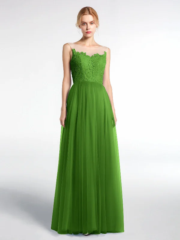 Illusion Neckline Lace and Tulle Maxi Dress-Moss Comfortable Ruffle Maxi Dress