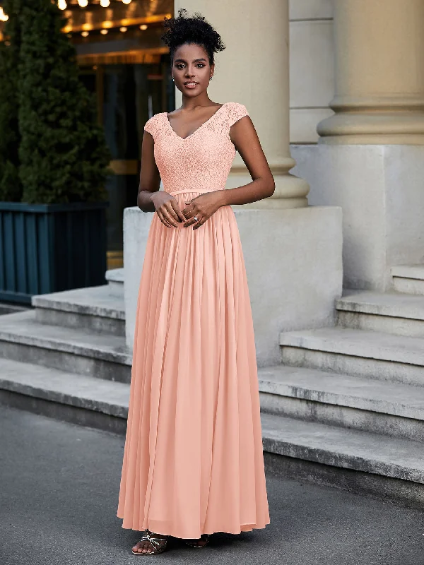 Lace and Chiffon Maxi Dress with Cap Sleeves-Coral Fashionable Maxi Dress with Fringe