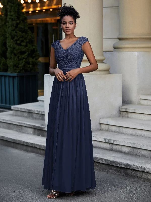 Lace and Chiffon Maxi Dress with Cap Sleeves-Dark Navy Trendy Ruffled Maxi Dress