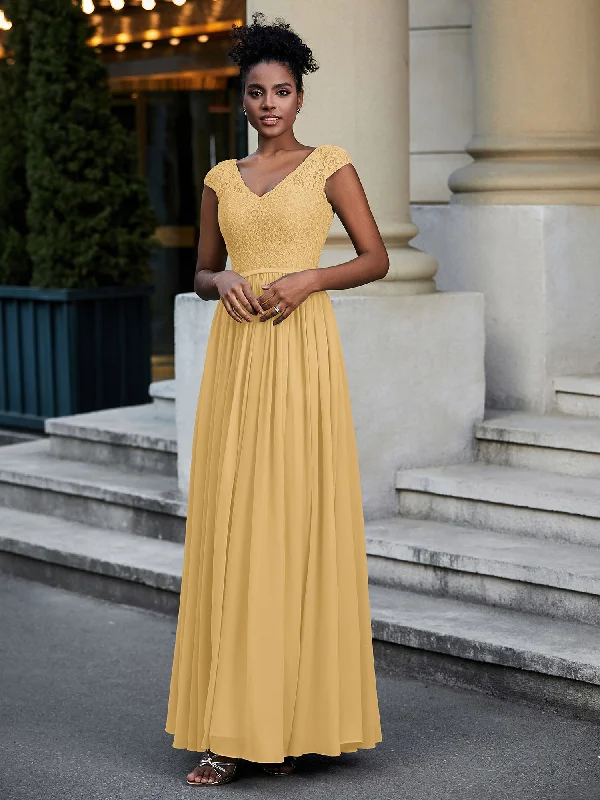 Lace and Chiffon Maxi Dress with Cap Sleeves-Gold Stylish Longline Maxi Dress