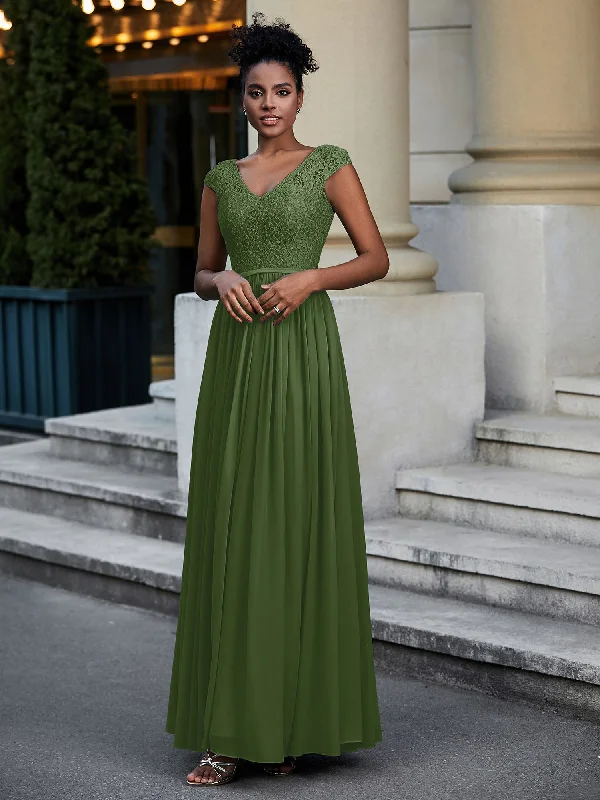 Lace and Chiffon Maxi Dress with Cap Sleeves-Moss Stylish Maxi Dress with Frills