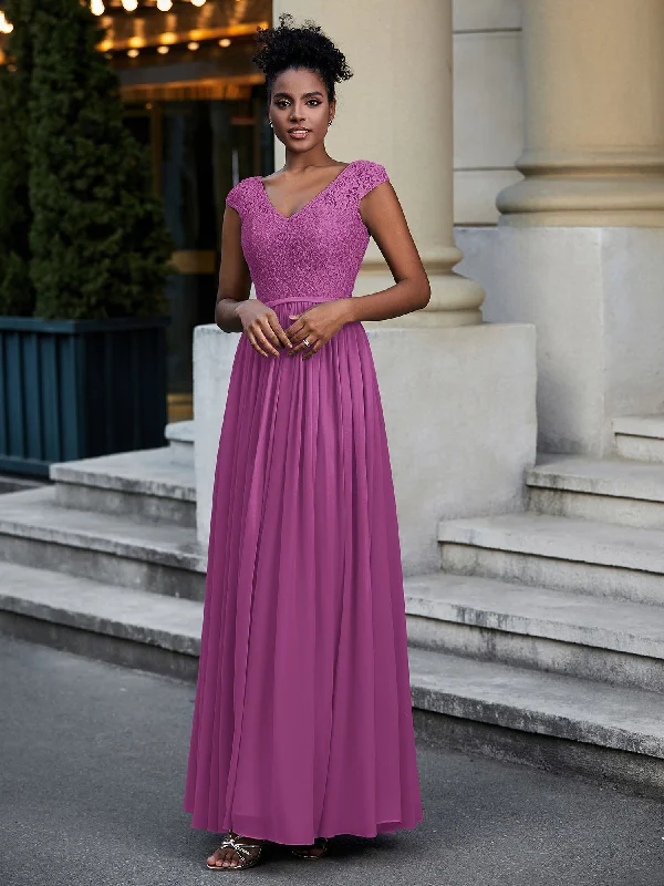 Lace and Chiffon Maxi Dress with Cap Sleeves-Orchid Trendy Satin Maxi Dress