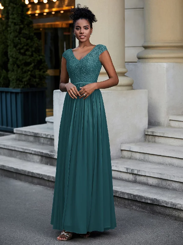 Lace and Chiffon Maxi Dress with Cap Sleeves-Peacock Fashionable Chiffon Maxi Dress
