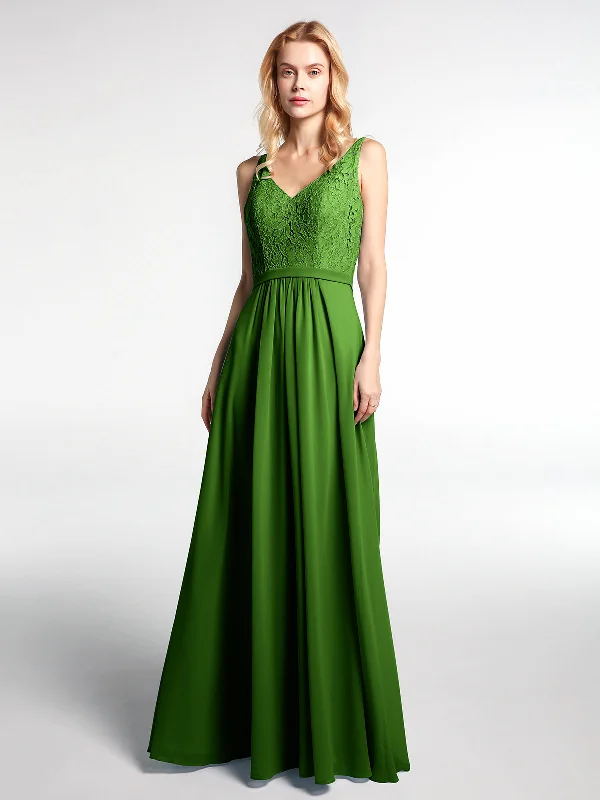Lace Bodice Chiffon Skirt Maxi Dress with V-neck-Moss Comfortable Bohemian Maxi Dress