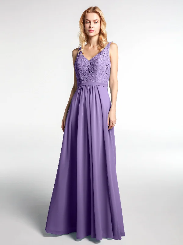 Lace Bodice Chiffon Skirt Maxi Dress with V-neck-Tahiti Elegant Pleated Maxi Dress