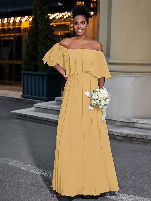 Off the Shoulder Ruffles Chiffon Maxi Dress-Gold Comfortable Satin Maxi Dress
