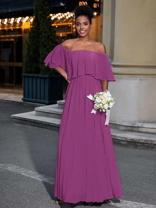 Off the Shoulder Ruffles Chiffon Maxi Dress-Orchid Elegant Floral Maxi Dress