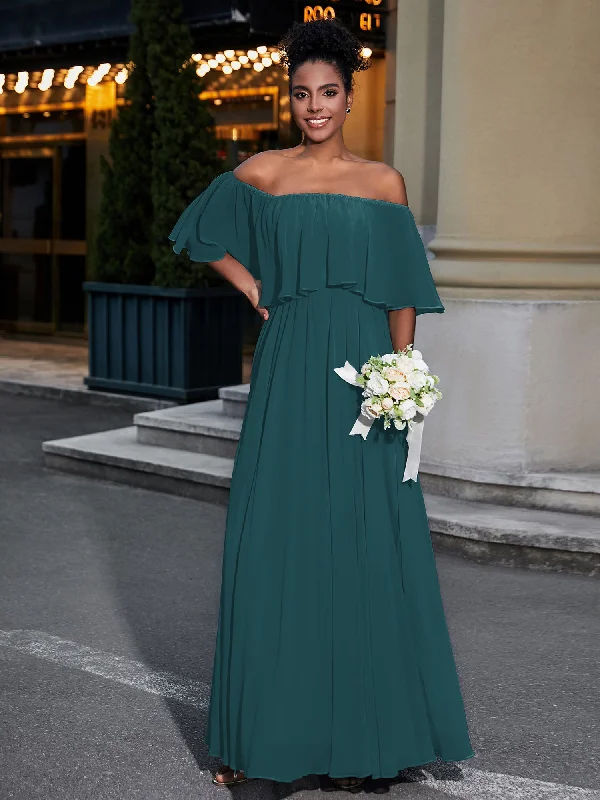Off the Shoulder Ruffles Chiffon Maxi Dress-Peacock Elegant Pleated Maxi Dress