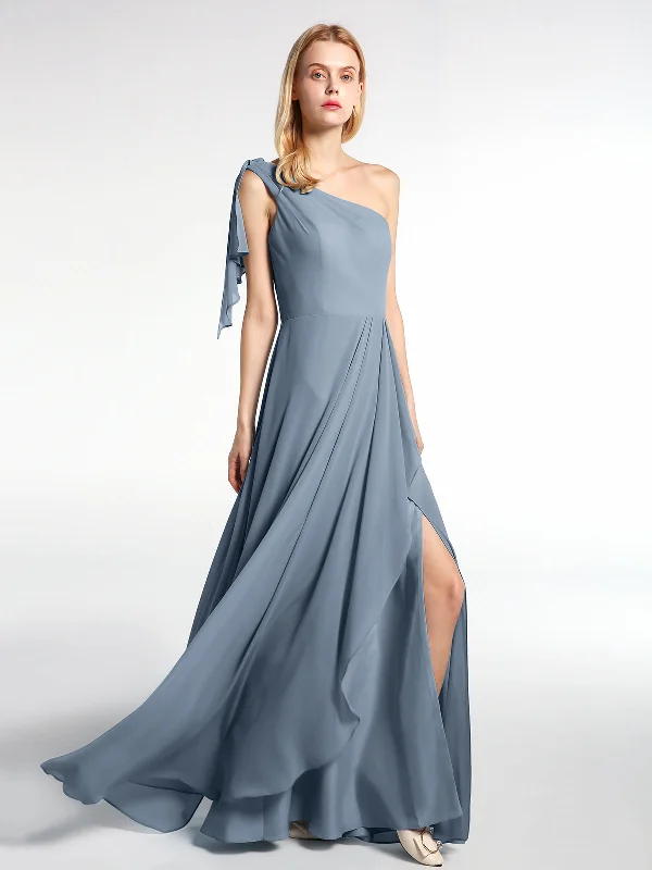 One Shoulder Chiffon Maxi Dress with Cascade-Dusty Blue Elegant Maxi Dress with Belt