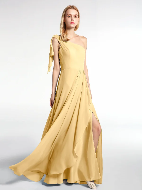 One Shoulder Chiffon Maxi Dress with Cascade-Gold Trendy V-Neck Maxi Dress