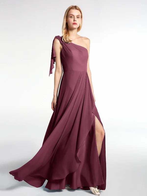 One Shoulder Chiffon Maxi Dress with Cascade-Mulberry Fashionable High-Low Maxi Dress One Shoulder Chiffon Maxi Dress with Cascade-Mulberry Fashionable High-Low Maxi Dress
