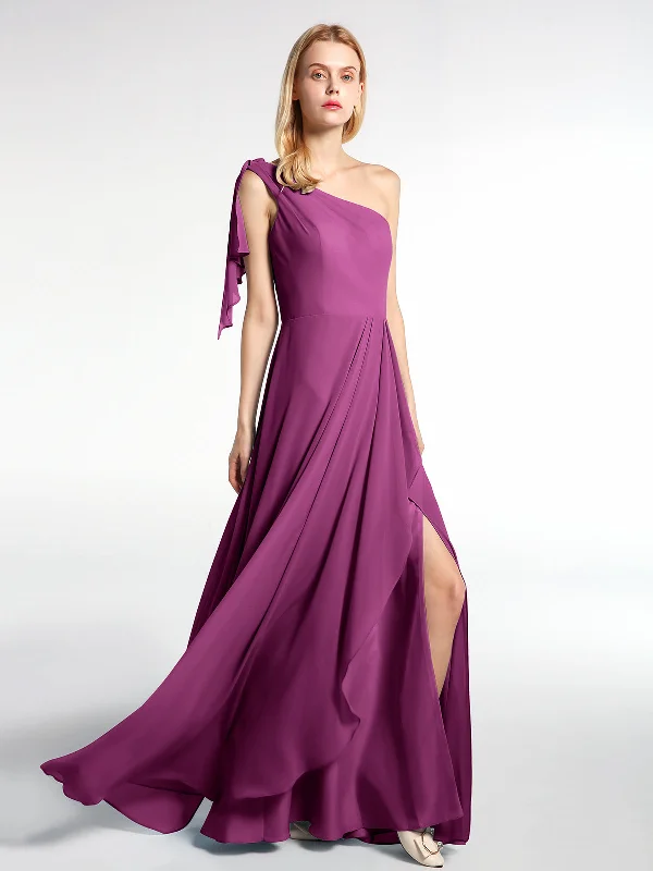 One Shoulder Chiffon Maxi Dress with Cascade-Orchid Fashionable Asymmetrical Maxi Dress