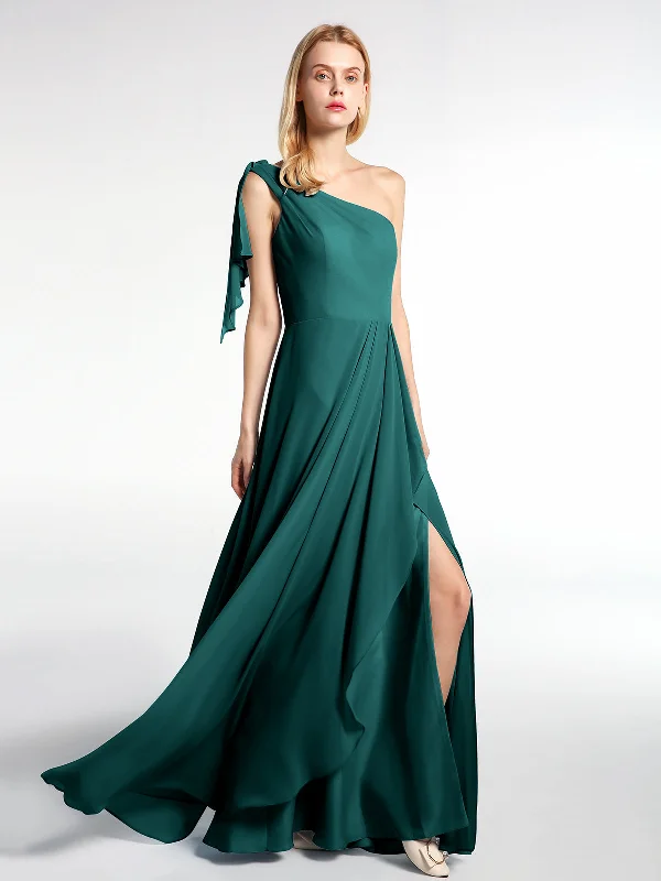 One Shoulder Chiffon Maxi Dress with Cascade-Peacock Stylish Boho Chic Maxi Dress