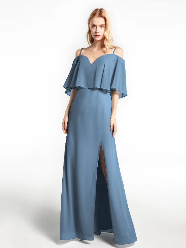 Ruffled Cold Shoulder Maxi Dress with Flounce Overlay Slate Blue Elegant Floral Maxi Dress Ruffled Cold Shoulder Maxi Dress with Flounce Overlay Slate Blue Elegant Floral Maxi Dress