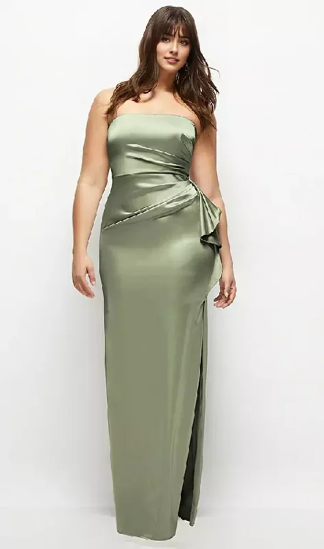 Sage Strapless Draped Bridesmaid Dresses Satin Maxi Dress with Cascade Ruffle Classic V-Neck Maxi Dress Sage Strapless Draped Bridesmaid Dresses Satin Maxi Dress with Cascade Ruffle Classic V-Neck Maxi Dress
