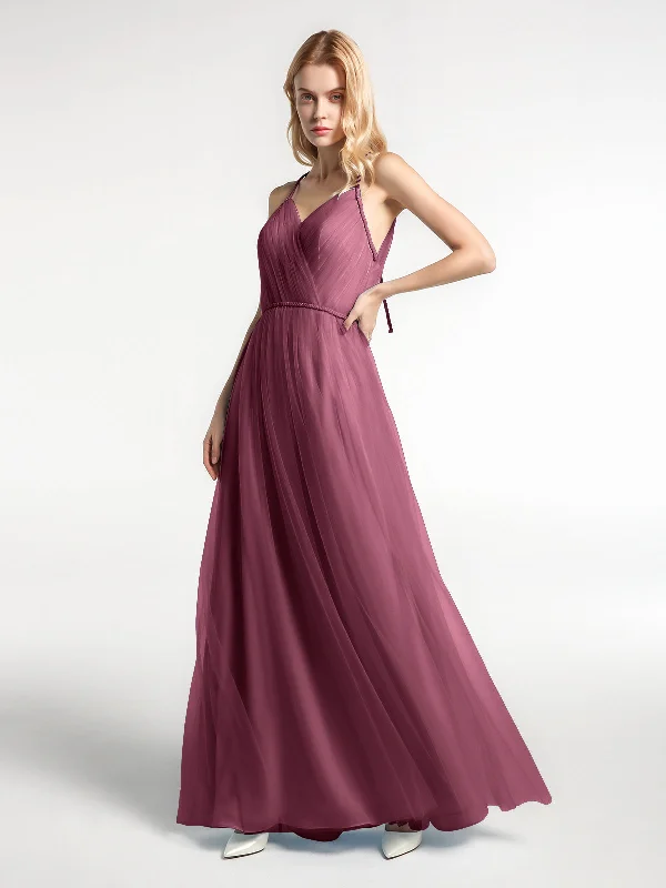 Twist Straps Tulle Maxi Dress with V Neckline Mulberry Cozy Maxi Dress with Slit
