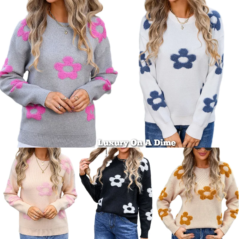 Daisy Raised Retro Contrasting Flower Pullover Top Long Sleeve Knit Sweater Shirt Chenille Blend Fleece Blend Nylon Blend Daisy Raised Retro Contrasting Flower Pullover Top Long Sleeve Knit Sweater Shirt Chenille Blend Fleece Blend Nylon Blend