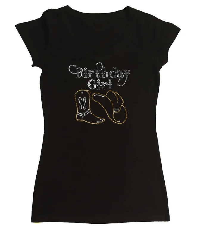 Womens T-shirt with Birthday Girl Western in Rhinestones Anti-Pilling Machine Wash Handmade Womens T-shirt with Birthday Girl Western in Rhinestones Anti-Pilling Machine Wash Handmade