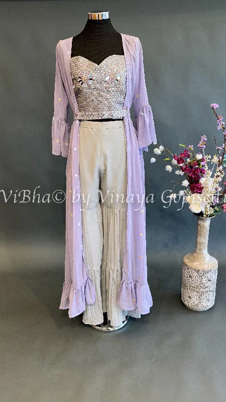 Lavender and Ash Embroidered Sharara Set with Detachable Jacket and belt Denim Fabric Leather Fabric Suede Fabric
