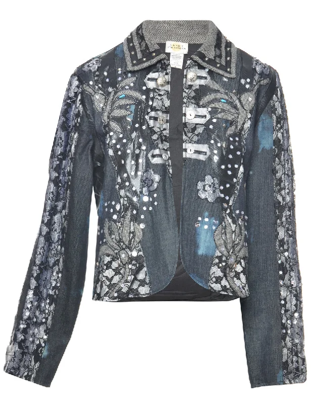Sequined Black, Blue & Grey Jacket - L Mesh Jacket Canvas Jacket Denim Jacket