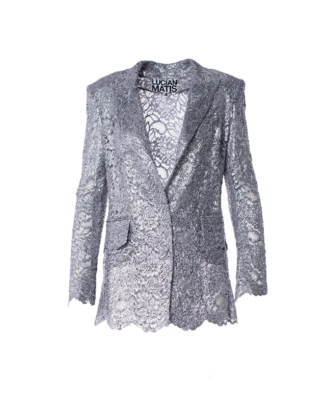 ITALIAN METALLIC SILVER LACE JACKET Snapped Jacket Toggled Jacket Drawstring Jacket ITALIAN METALLIC SILVER LACE JACKET Snapped Jacket Toggled Jacket Drawstring Jacket