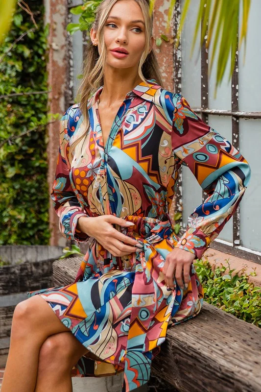 Print Tie Waist Wrap Mini Dress Elegant Mini Dress with Ruffles