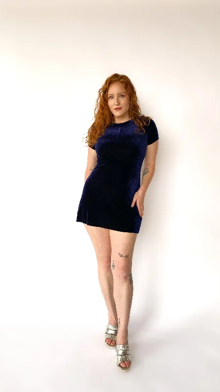 1990s Blue Velvet Mini Dress sz. M-XL Elegant Off-Shoulder Dress Mini