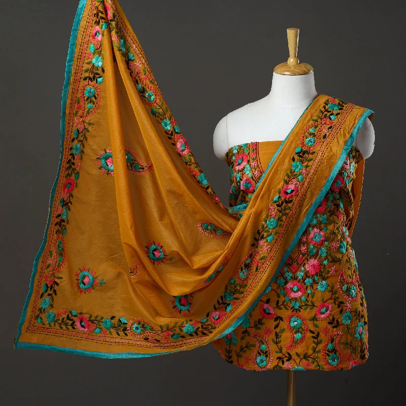 Orange - 3pc Hand Embroidery Chanderi Silk Phulkari Dress Material 87